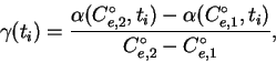 \begin{displaymath}
\gamma(t_i) =
\frac{\alpha(C^{\circ}_{e,2},t_i)-\alpha(C^{\circ}_{e,1},t_i)}
{C^{\circ}_{e,2} -C^{\circ}_{e,1}},
\end{displaymath}