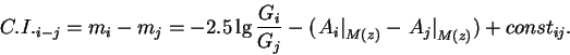 \begin{displaymath}
{C.I.}_{i-j}=m_i-m_j =-2.5\lg\frac{G_i}{G_j}-(\left.A_i\right\vert _{M(z)}
-\left.A_j\right\vert _{M(z)}) + const_{ij}.
\end{displaymath}