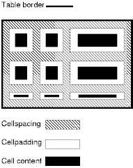Image illustrating how cellspacing and cellpadding attributes relate.
